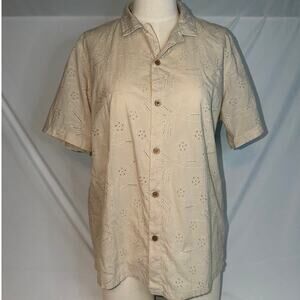 Free Planet Men's Cotton Eyelet Embroidered Button Up Shirt Beige Size LARGE